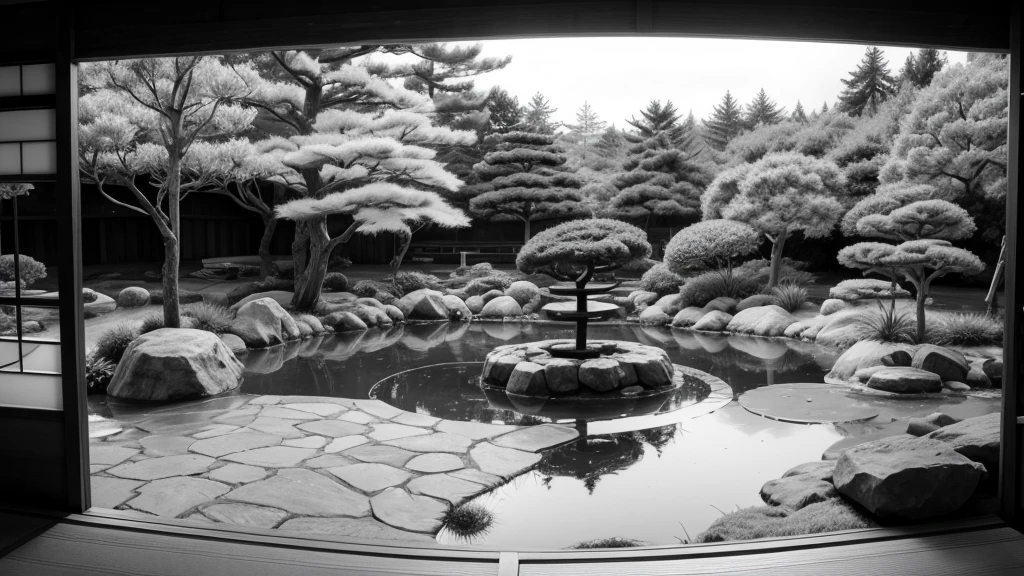 Japanese garden in black and white