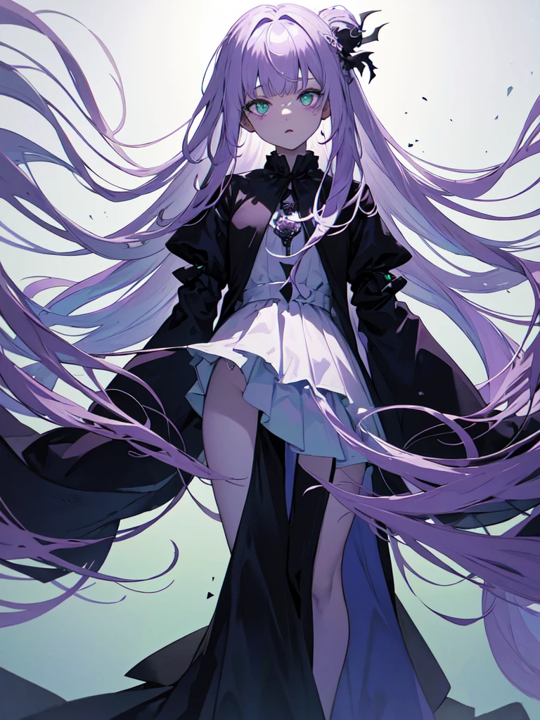 Full bangs, Gradient braided hair, (Light purple hair), (Ink blotches:1.1), (pale:1.2),(Light purple:1.2),(Light green:1.2)　and full body, Artistic elements add depth to the work. The overall atmosphere is creepy and nightmarish..., With a unique artistic touch. This movie is、The dark and crazy world of horror movies depicted in HD., Evoke visual stimuli and aesthetic sense, It will terrify and excite the audience....,watercolor画, （Lightless, Eyes without highlights, Evil Eye, A bad looking person with white eyes, It&#39;s a red eyeliner）,whole body絵, Wearing a maid outfit and （Mature face,tall, Wearing black tights,Green Eyes, The skin is hidden　and maid, The background is a dark and desolate landscape, Horror movie atmosphere. Her figure is extremely beautiful, Emphasizing the dark and crazy elements. Skillfully expressing the effects of light and shadow, detailed, The face and expression of the black costume are also carefully drawn...,sketch (Character design sheet, same characters, whole body, Three-View, front, ~ ~ ~ side, return) and 1 female, Nervous,Cowboy Shot,,(Very bright:1.1), White Background, [1 Girl:7], (Tilt your head:1.2), ([sketch|watercolor \(Moderate\)]:1.15),Chaotic Abstract