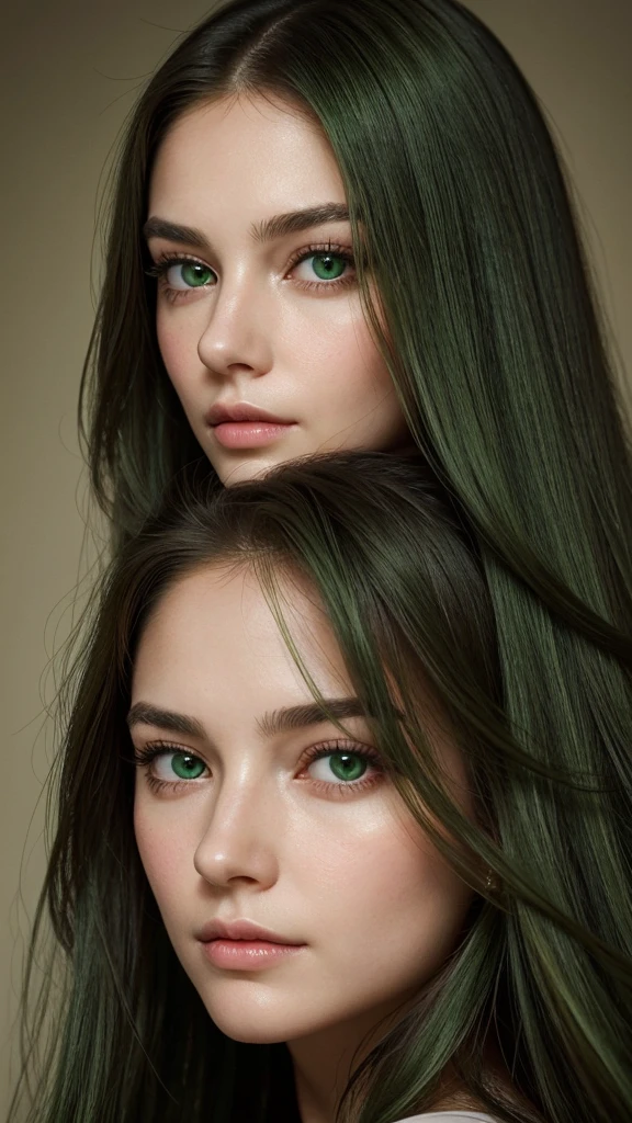 Portrait of a European woman with highly detailed facial features, captivating eyes, an oval face, and long sleek hair framing her face. Her hair is entirely green, and she has a flawless complexion, with a very charming wistful charm, her expression imbued with a profound sadness