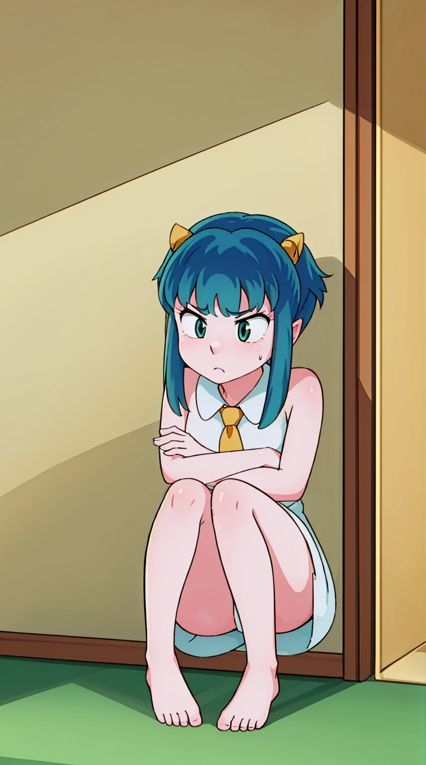 Lum, 1girl, long hair, hiquality, tmasterpiece (One age girl, housemaid) Sweet face, frowning, indifferent face, dark smooth short hair. Green eyes, maid outfit, bare feet. In the background of the room. gloomily.