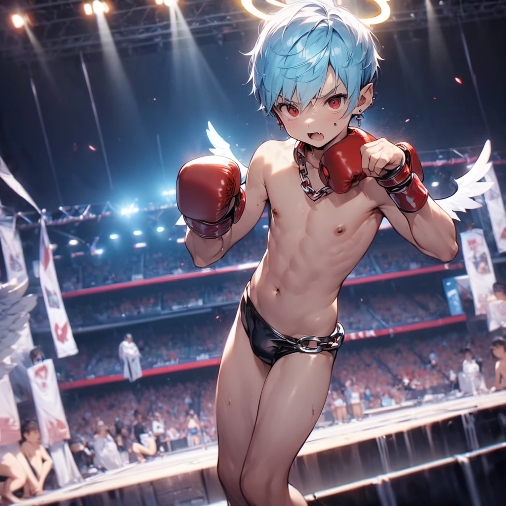 (solo:2), (boldline:-1.7), (brave:1.3), (fighting pose:1.5), (twin angel wings on his back:1.6), (halo on his head:1.3), (standing on stage:1.5), BREAK (red boxing groves:1.8), (((fang))), (((best finger))), (((best arms))), (((best legs))), BREAK (best quality:1.5), (absolutely resolution:1.4), (ultra detailed:1.5), (masterpiece:1.5), (perfect face), (detailed face), (detailed eyes), (best eyes), (cute face), (shota:2), BREAK (topless:2), BREAK (red speedos:1.5), (bulge:1.4), (skinny:1.3), BREAK (light blue hair:1.5), (spiked hair), (wine red eyes:1.4), (eyes with highlight:1.6), ((mole under eye)), (sweaty skin), (singing:1.4), ((earrings)), (angry:1.3), (shiny skin:1.3), BREAK (stadium:1.5), (spot light), ((wind blowing)), ((nipple)), (abs), (groin), BREAK (chain around neck:1.5), (shackles:1.6), from above, upper body, (face close up),