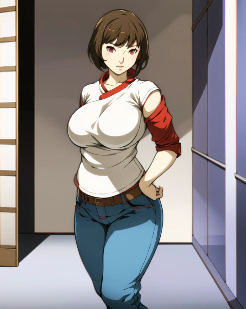 masterpiece, tight denim pants, chubby but small breasts, very thick legs++, Full body+, Solo, Realistic, Swollen face, Japanese face, Legs focus, Moderately fat body type+, 1 woman, wide shoulder, T-shirt,  Denim pants, thick thighs, Thick waist++, low rise black denim pants, Small breasts and fat and short leg, Muchimuchi body

sfw,  (masterpiece), (best quality:1.0), (ultra highres:1.0), detailed eyes, 1girl, solo, Isabeau posing
brownish red eyes, smtdoistyle, simple background, 
