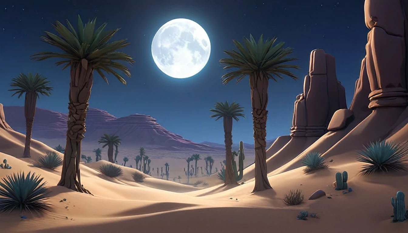 A breathtaking 3D anime-inspired scene of a desert. In the desert, night falls, It was dark and there was no other light except for the blue light of the moon shining everywhere in the desert. At the far end of the desert there was a little oasis, a little oasis surrounded by many desert trees and plants