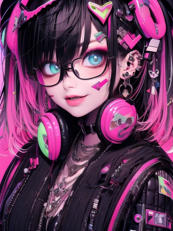 Highest quality,Highest Resolution,１People Women,sexy,Vibrant colors,Very beautiful eyes,Big Breasts,whole body,Glasses,Black Hair,Neon color,