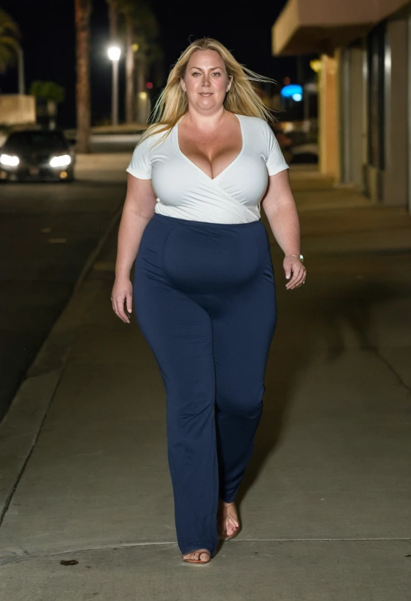 Fat woman, 40 years old white Caucasian woman walking outside, night time, long beach, long straight blonde hair, cleavage, casually dressed, big hips, thick thighs, shirt and pants