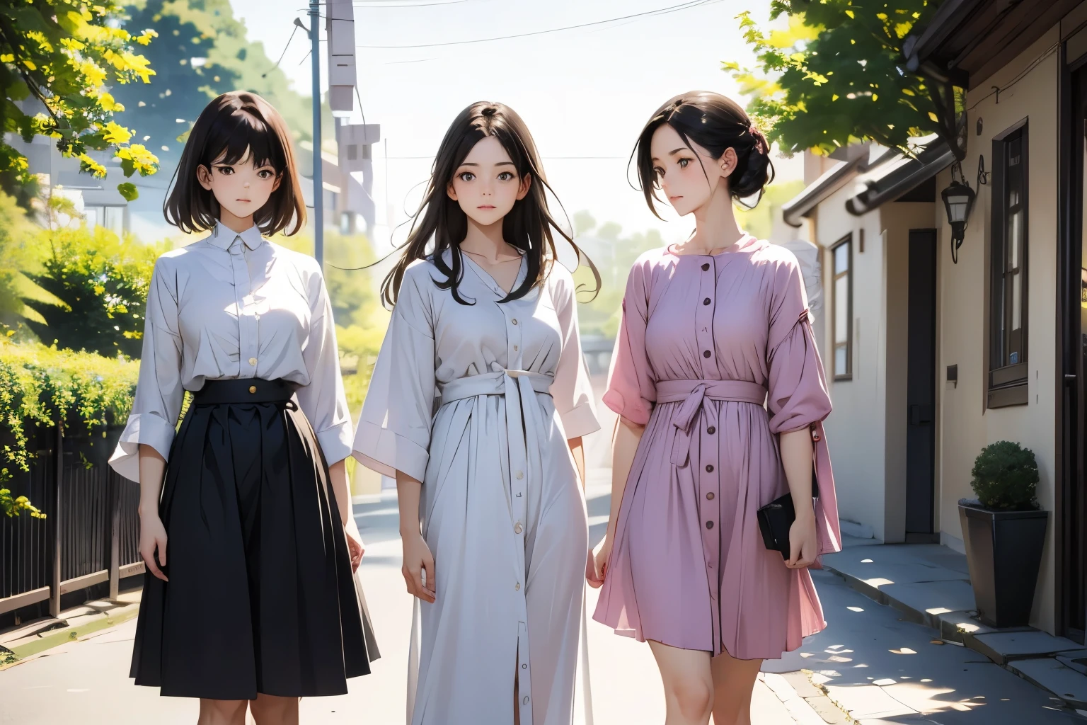 ((Highest quality)), ((masterpiece)), (detailed), Perfect Face,Arafe illustration of three women in different clothes, Girls standing in line, Illustration Style, Wear longer, Loose-fitting clothing, Casual clothingスタイル, Cute art style, drawing style, Casual clothing, Simple clothes, Fashion Research, 多Mr..Costumes, Pink clothes, Bust Up Illustration, wearing elegant Casual clothing, Mr..々Pause, Trending on artstration, Normal clothes, A woman in her twenties dressed in elegant clothes,White Background,Front view,