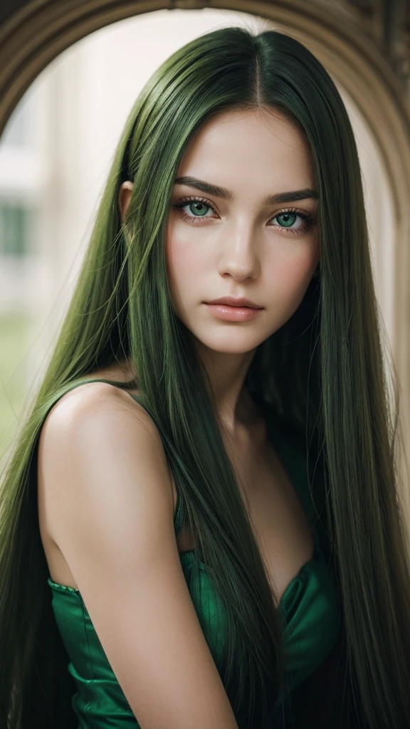 Portrait of a European woman with highly detailed facial features, captivating eyes, an oval face, and long sleek hair framing her face. Her hair is entirely green, and she has a flawless complexion, with a very charming wistful charm, her expression imbued with a profound sadness