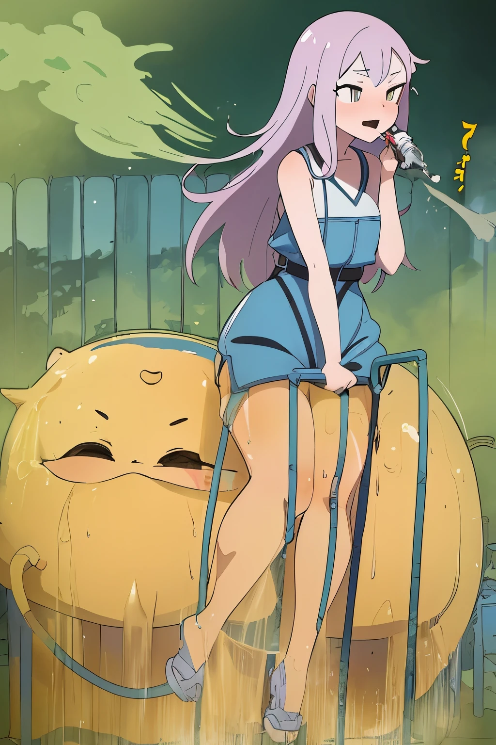((Highest quality)), ((masterpiece)), (detailed), (An illustration), (anime), (girl), (cute), (((Farting in a tube))), Farting into a hose