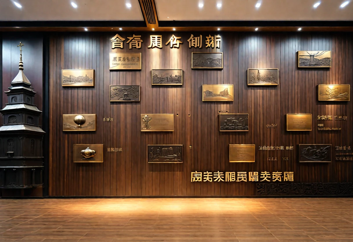 ((masterpiece)),((HD)),Exhibition hall background wall,Keep the wooden back,The bronze relief bell tower on the left,leather、Metal decoration,Modern sense of technology