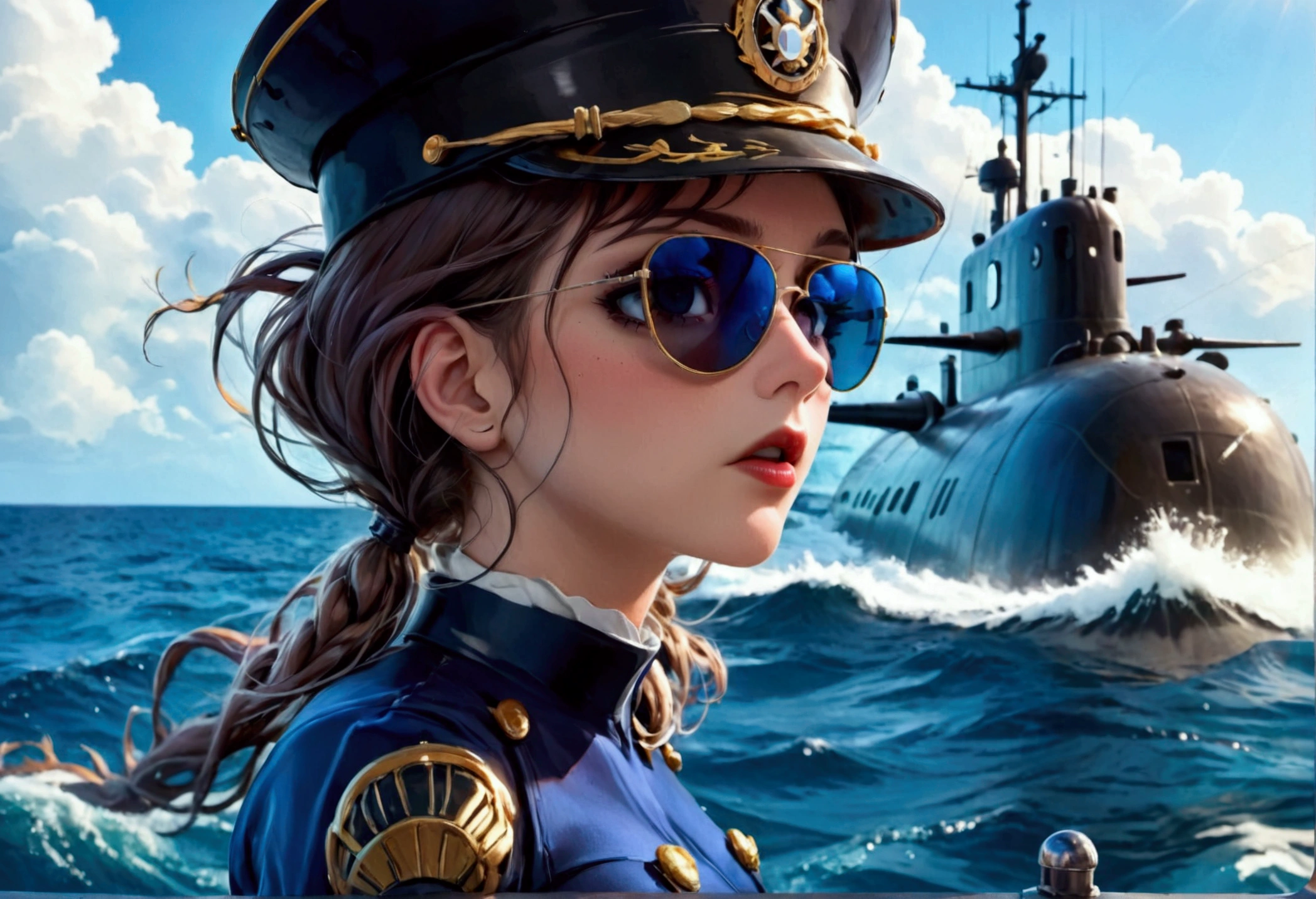 A stern woman (age 25, sexy navy costume, captain's hat, sunglasses), standing on the prow of a submarine speeding at the surface of ocean, dramatic pose
