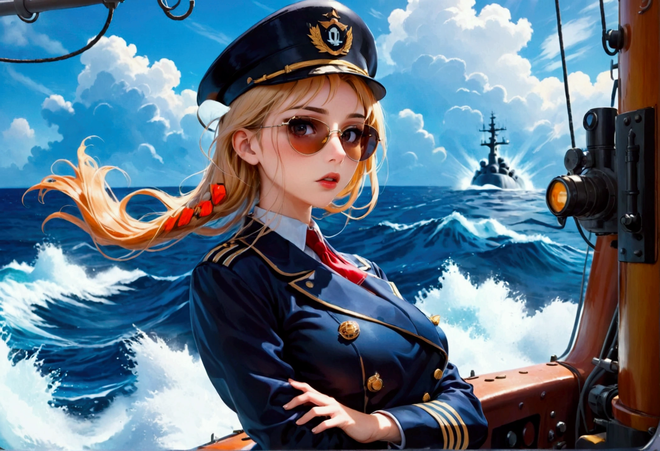 A stern woman (age 25, sexy navy costume, captain's hat, sunglasses), standing on the prow of a submarine speeding at the surface of ocean, dramatic pose
