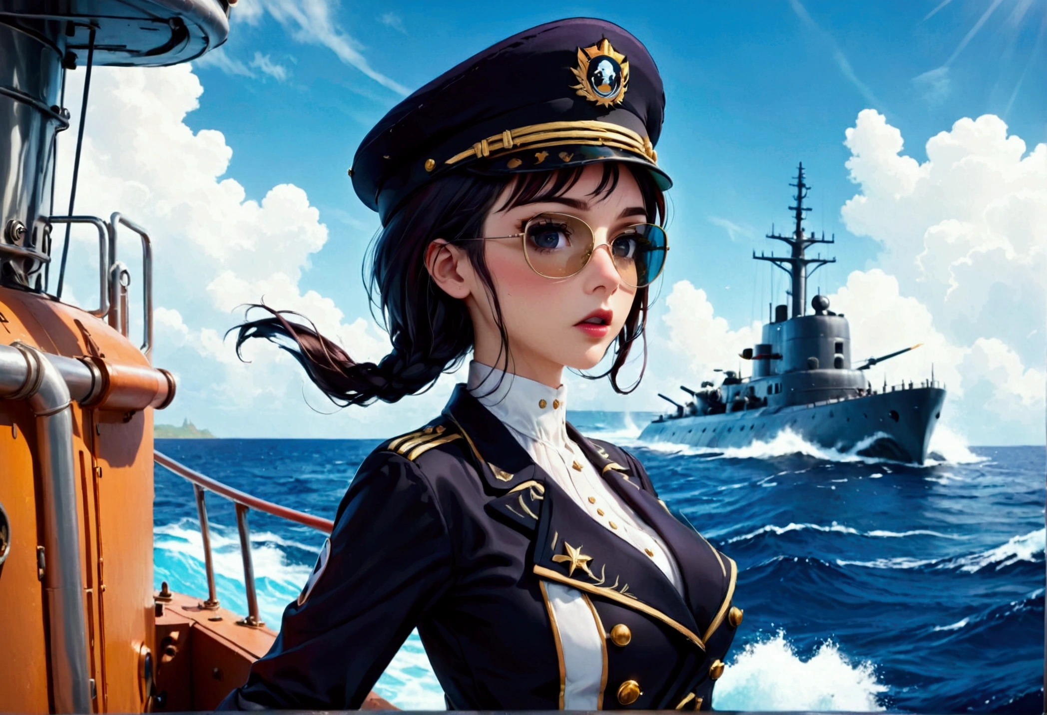 A stern woman (age 25, sexy navy costume, captain's hat, sunglasses), standing on the prow of a submarine speeding at the surface of ocean, dramatic pose
