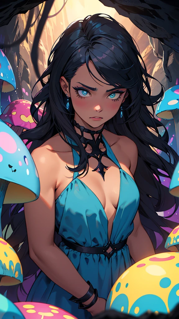 Sad drag queen, tan skin, lattin, make up, goth, blue dress, long blue dark hair, inside the cave, dark, glowing mushroons, venom, danger