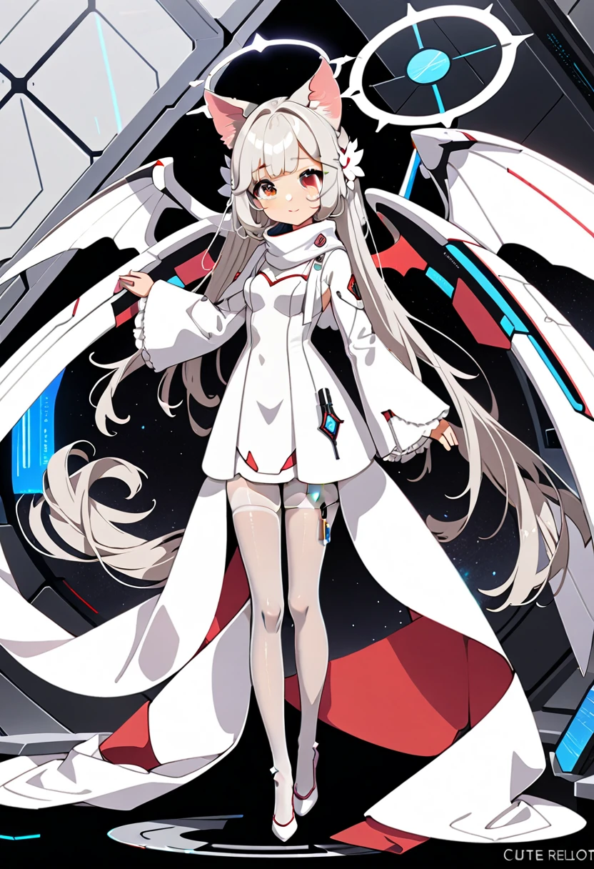 masterpiece, highest quality, highest resolution, clear_image, detailed details, White hair, long hair, cat ears, 1 girl, red eyes, imperial wedding dress, white pantyhose, white scarf (around the neck), gray futuristic halo, futuristic wings, cute, full body, no water marks, laboratory, no extra limps, no extra body