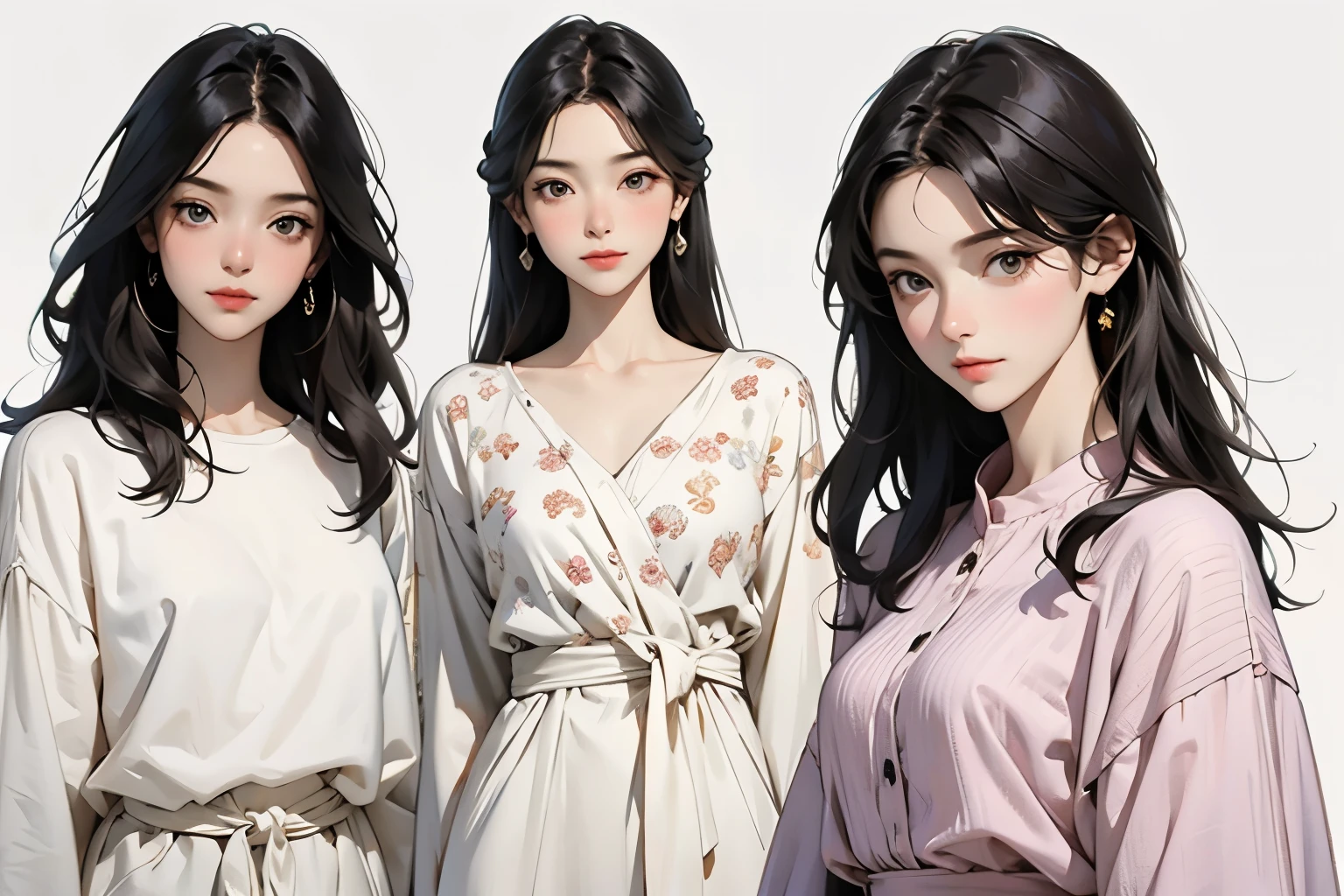 ((Highest quality)), ((masterpiece)), (detailed), Perfect Face,Arafe illustration of three women in different clothes, Girls standing in line, Illustration Style, Wear longer, Loose-fitting clothing, Casual clothingスタイル, Cute art style, drawing style, Casual clothing, Simple clothes, Fashion Research, 多Mr..Costumes, Pink clothes, Bust Up Illustration, wearing elegant Casual clothing, Mr..々Pause, Trending on artstration, Normal clothes, A woman in her twenties dressed in elegant clothes,White Background,Front view,