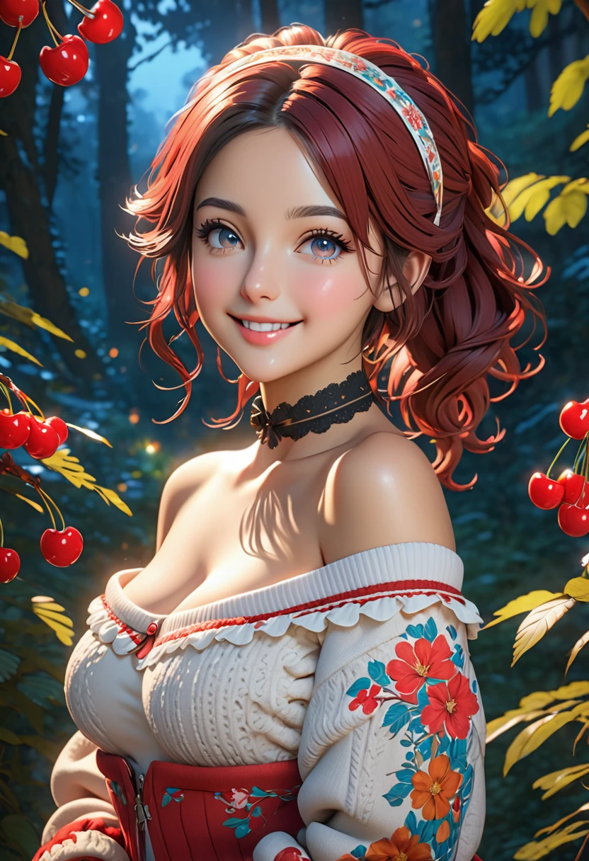 masterpiece, best quality, highly detailed, 1girl, solo, twintails, off-shoulder sweater, cherry red hair. choker, jacket, hairband, looking at viewer, smile, blush, Wide Smile, Eyes Detailed & Wide, sexy Pose. Ultra HD, Rococo-Inspired Fantasy Art With Intricate Details. Cute, Charming Expression, Alluring-Gaze, looking at viewer Beautiful Eyes, An-Ideal-Figure. Large Youthful Well-Shaped-Breasts, Massive-Round-Bosom, Décolletage. slim waist, fit body, full lipsWarm lights , woman in a dreamy forest at night, with fluffy hair, delicate face, realistic, real, slim, large aperture, sexy shots, attractive poses,Stunnin gly beautiful merge of Tala Ashe. symmetrical face, photorealistic, photography, path tracing, specular lighting, volumetric face light, path traced hairmaximum quality{(masutepiece) (8K High Resolution) (top-quality) In the style of breath of the wild.