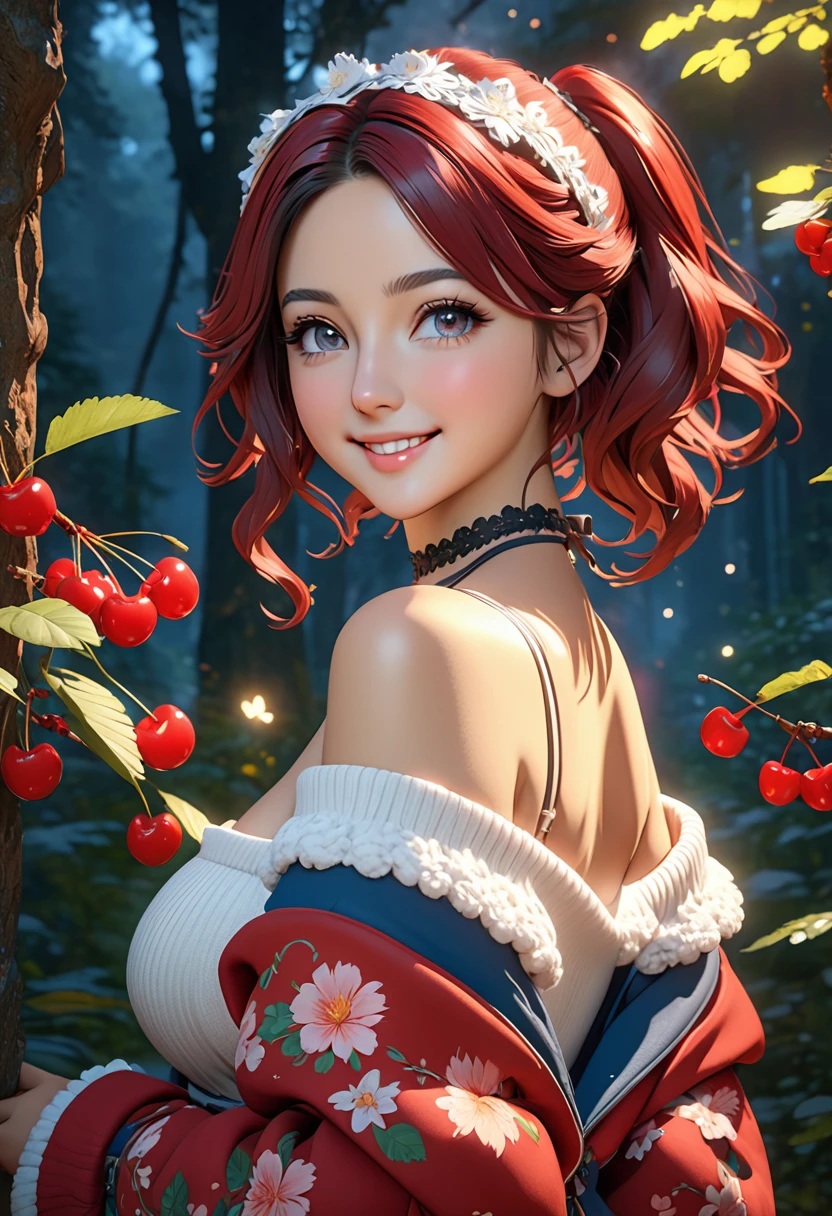 masterpiece, best quality, highly detailed, 1girl, solo, twintails, off-shoulder sweater, cherry red hair. choker, jacket, hairband, looking at viewer, smile, blush, Wide Smile, Eyes Detailed & Wide, sexy Pose. Ultra HD, Rococo-Inspired Fantasy Art With Intricate Details. Cute, Charming Expression, Alluring-Gaze, looking at viewer Beautiful Eyes, An-Ideal-Figure. Large Youthful Well-Shaped-Breasts, Massive-Round-Bosom, Décolletage. slim waist, fit body, full lipsWarm lights , woman in a dreamy forest at night, with fluffy hair, delicate face, realistic, real, slim, large aperture, sexy shots, attractive poses,Stunnin gly beautiful merge of Tala Ashe. symmetrical face, photorealistic, photography, path tracing, specular lighting, volumetric face light, path traced hairmaximum quality{(masutepiece) (8K High Resolution) (top-quality) In the style of breath of the wild.
