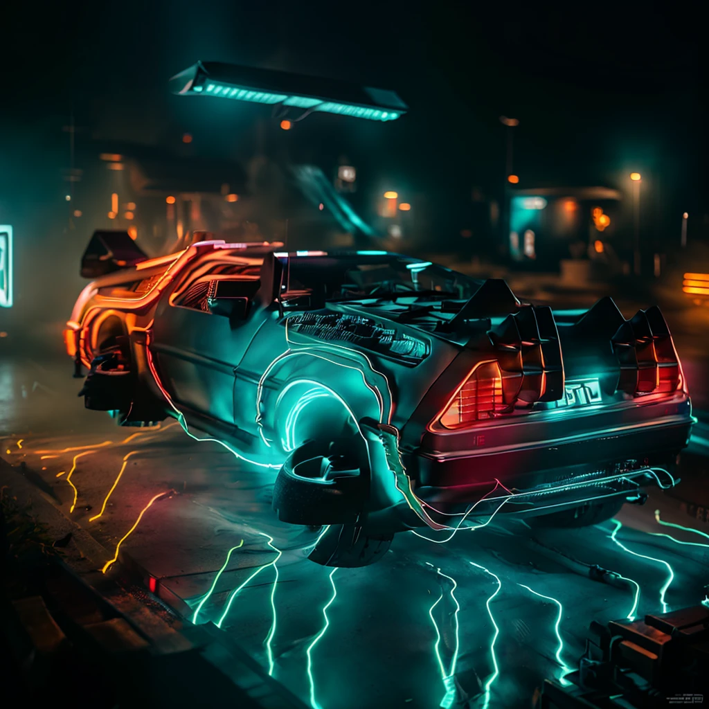 Delorean,Back to the Future,time Machine,Floating,neon,Very fine LED particles,8K,RAW Photos,Highest quality,masterpiece,reality,Very detailed,bfdlrn,