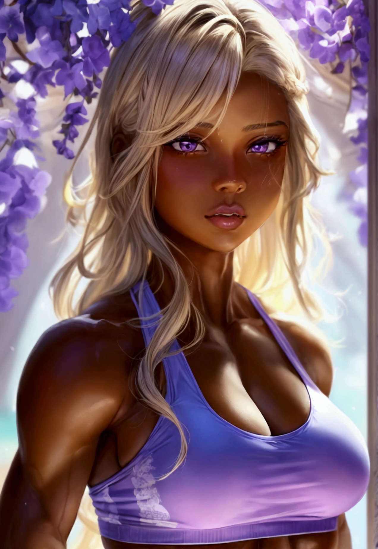 26 year old woman, brown skin, purple eyes, blonde hair, big breasts, muscular, wearing sports clothing 