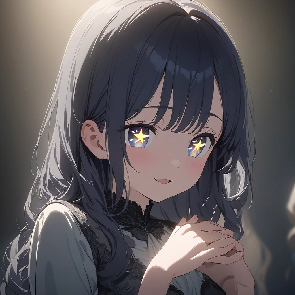 masterpiece, ultra detailed, 8K,  (Cute a girl:1.5), 
(masterpiece:1.3), anime visual,black-colored middle part long hair,dark blue eyes, (tilt head:1.3), extremely delicate face, soft clean focus, realistic lighting and shading, (an extremely delicate and beautiful art:1.3), elegant, (muted colors:1.1),(star-shaped pupils:1.5)The girl places her hands in front of her chest, smiles with her mouth open,