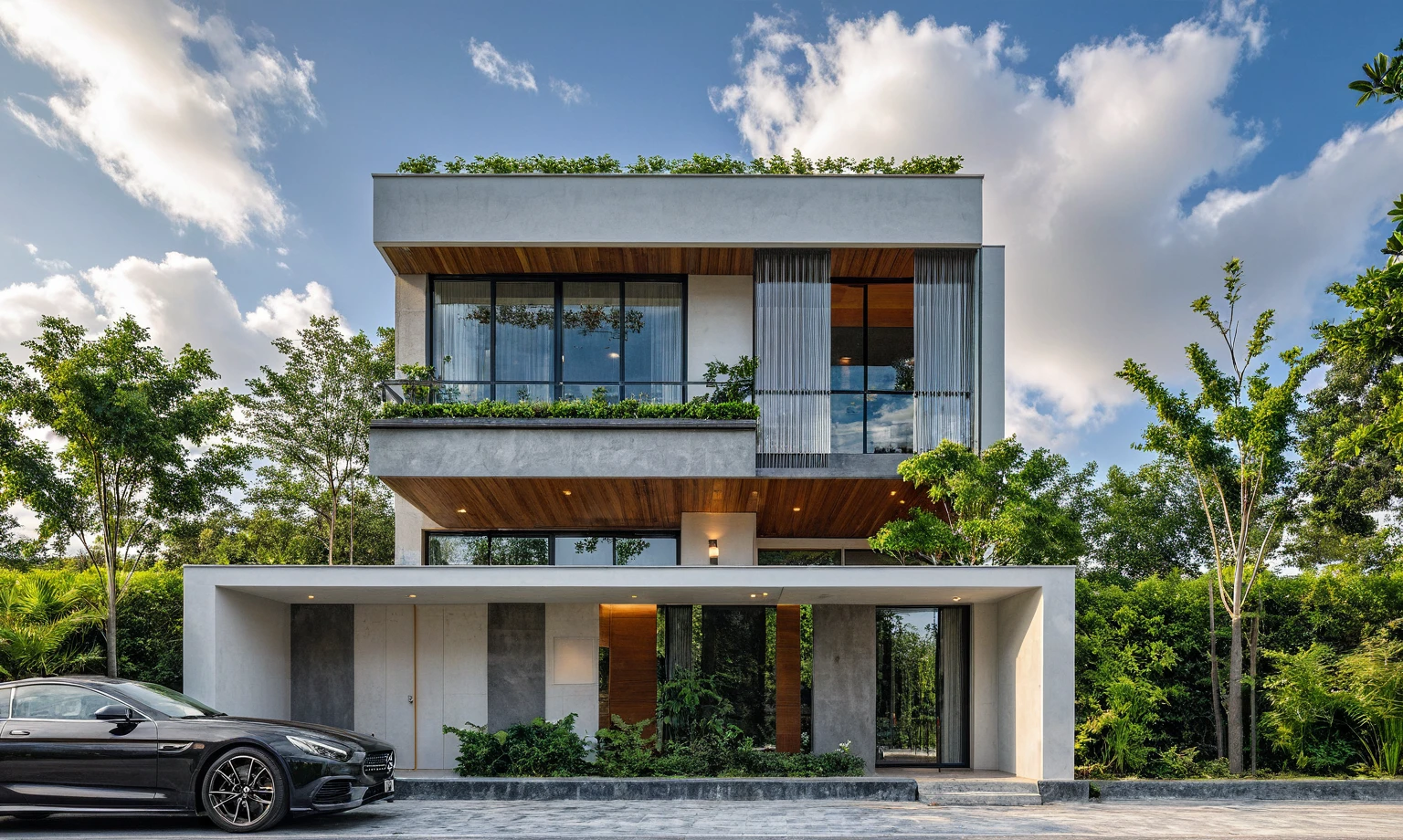 Masterpiece, high quality, best quality, authentic, super detail, outdoors, onestoreyvillaXL, aiaigroup, house style modern on the street ,stairs, white wall ,road,pavement, grass, trees, sky, cloud, (daylight:1.1)