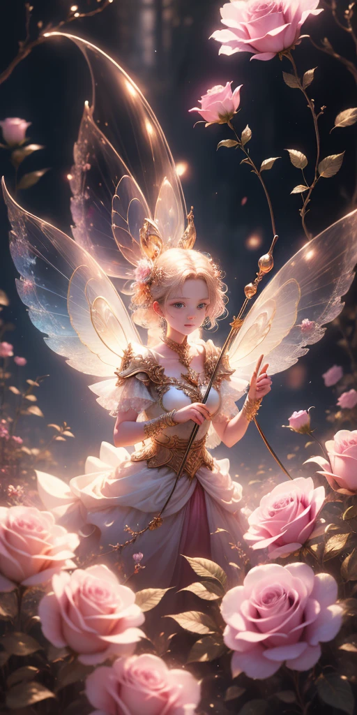 Beautiful transparent flower fairy baby, Transparent colorful wings, The wand flutters in the wind、The wand flashed with starlight,golden wand,Beautiful blue sky and white clouds、Girls have transparent wings、kindly smile、Beautiful garden background、Gentle and transparent,anatomy correct, Delicate pattern,Pink rose space, Soft lighting, ( bokeh),Masterpiece, Super detailed, Epic composition, Highest quality, 8K,Epic romantic fantasy digital art,Epic fairy tale fantasy digital art,Mythological fantasy,UHD resolution,Detailed detail drawing,realisticlying,Very realistic,cinmatic lighting,an award winning photograph,rich colours,hyper realistic lifelike texture,Dramatic lighting fairy