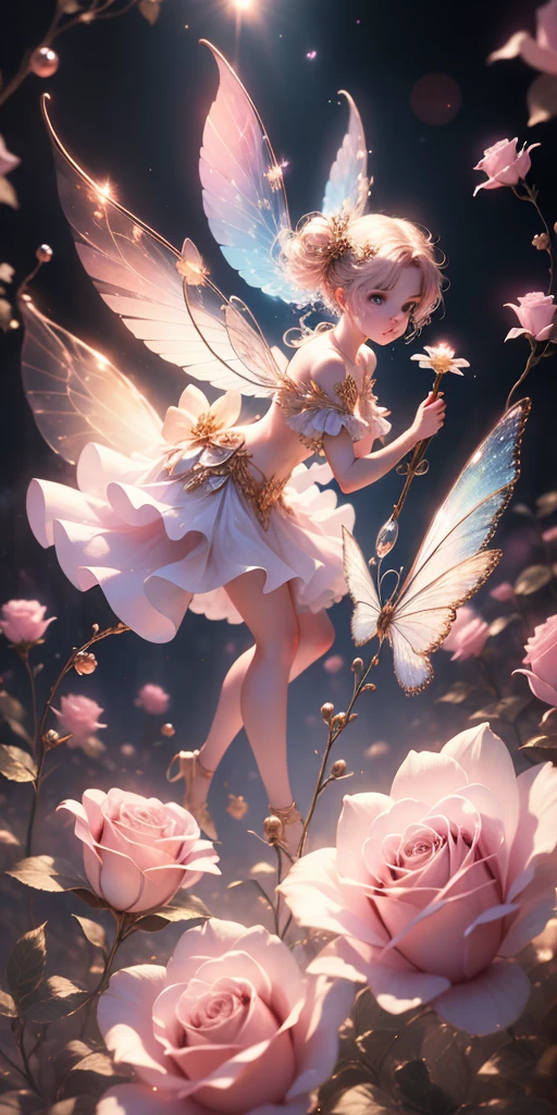 Beautiful transparent flower fairy baby, Transparent colorful wings, The wand flutters in the wind､The wand flashed with starlight，golden wand，Beautiful blue sky and white clouds、Girls have transparent wings､kindly smile､Beautiful garden background､Gentle and transparent，anatomy correct, Delicate pattern，Pink rose space, Soft lighting, ( bokeh)，Masterpiece, Super detailed, Epic composition, Highest quality, 8K，Epic romantic fantasy digital art，Epic fairy tale fantasy digital art，Mythological fantasy，UHD resolution，Detailed detail drawing，realisticlying，Very realistic，cinmatic lighting,an award winning photograph,rich colours，hyper realistic lifelike texture，Dramatic lighting fairy