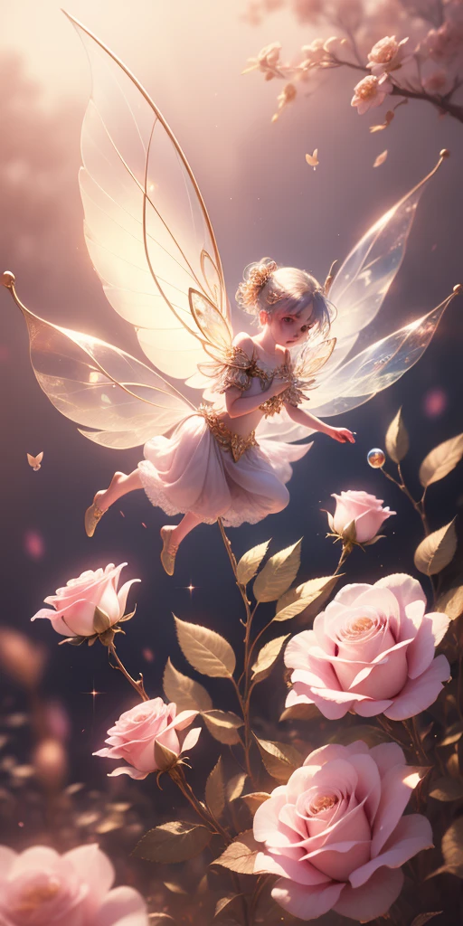 Beautiful transparent flower fairy baby, Transparent colorful wings, The wand flutters in the wind、The wand flashed with starlight,golden wand,Beautiful blue sky and white clouds、Girls have transparent wings、kindly smile、Beautiful garden background、Gentle and transparent,anatomy correct, Delicate pattern,Pink rose space, Soft lighting, ( bokeh),Masterpiece, Super detailed, Epic composition, Highest quality, 8K,Epic romantic fantasy digital art,Epic fairy tale fantasy digital art,Mythological fantasy,UHD resolution,Detailed detail drawing,realisticlying,Very realistic,cinmatic lighting,an award winning photograph,rich colours,hyper realistic lifelike texture,Dramatic lighting fairy
