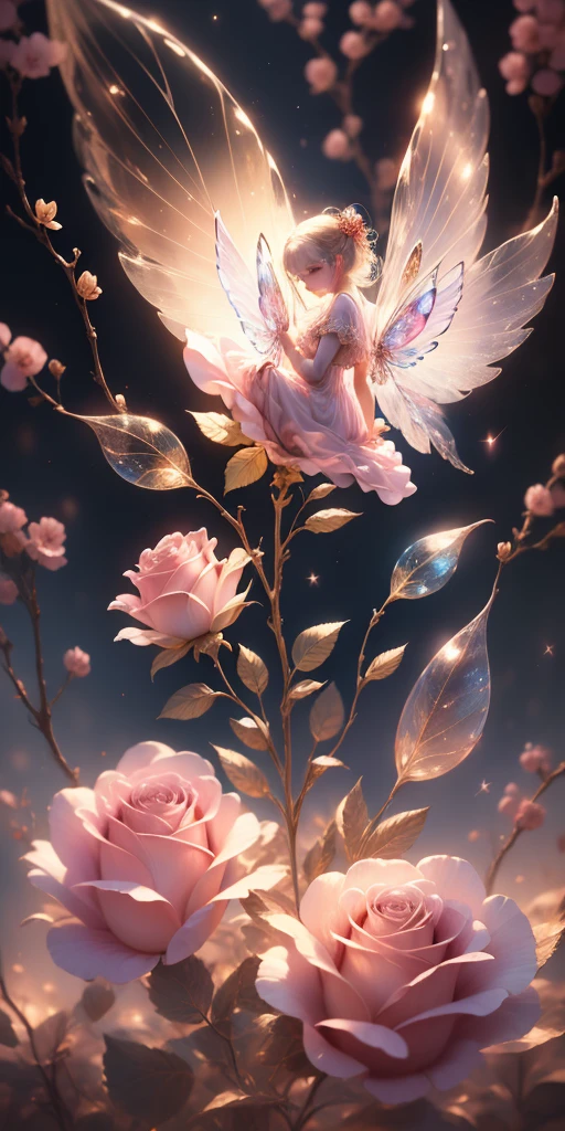 Beautiful transparent flower fairy baby, Transparent colorful wings, The wand flutters in the wind、The wand flashed with starlight,golden wand,Beautiful blue sky and white clouds、Girls have transparent wings、kindly smile、Beautiful garden background、Gentle and transparent,anatomy correct, Delicate pattern,Pink rose space, Soft lighting, ( bokeh),Masterpiece, Super detailed, Epic composition, Highest quality, 8K,Epic romantic fantasy digital art,Epic fairy tale fantasy digital art,Mythological fantasy,UHD resolution,Detailed detail drawing,realisticlying,Very realistic,cinmatic lighting,an award winning photograph,rich colours,hyper realistic lifelike texture,Dramatic lighting fairy