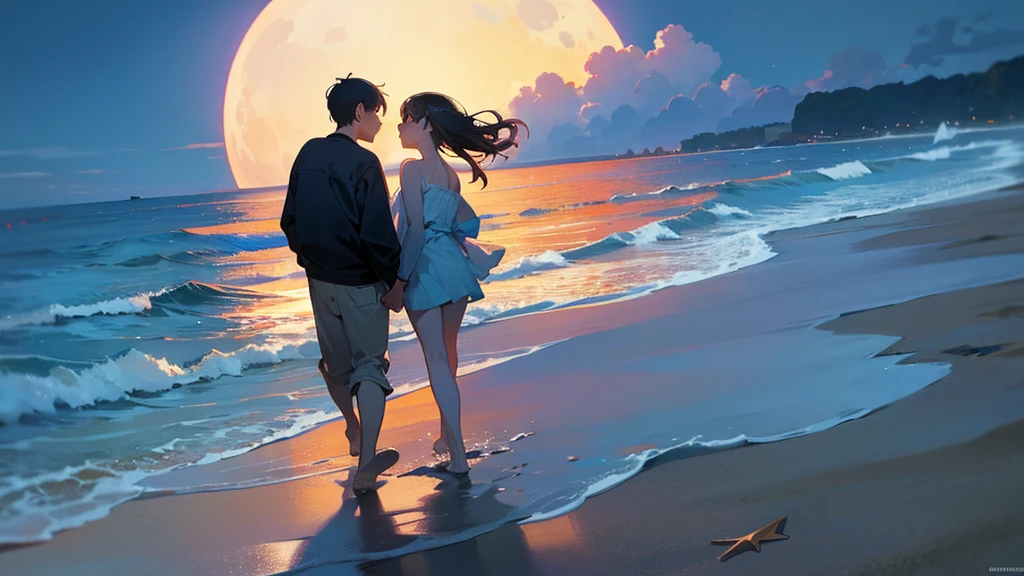 a couple walking on the beach under the moon, looking at the stars, kissing underwater, with a sailboat on the horizon and writing their names in the sand.