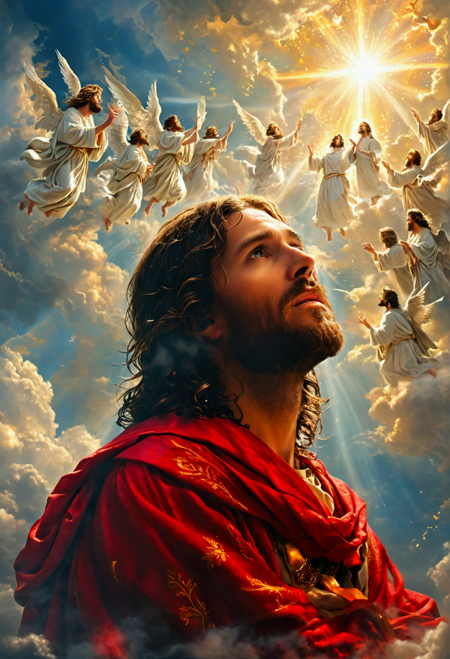 Jesus looking up with angels descending from heaven. high resolution image