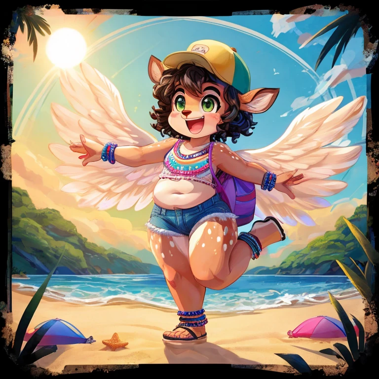 Cute, deer boy, small deer antlers, innocent, chubby, fat, big thighs, androgynous, femboy, short curly hair, black hair, fawn spots, freakles, ((cute)), smiling, wearing cottage core outfit, pastel color scheme, young, cartoony, adorable, deer tail, moss green eyes, angel wings, dynamic pose, excited pose, energetic pose, happy pose, summer, summer weather, summer clothes, sun, wearing a lightweight white tank top with high-waisted denim shorts with a distressed finish or rolled-up hems and flip-flops along with a baseball cap and beaded bracelets and anklets and large, woven beach bag with oversized sunglasses with a fun, colorful frame, beach, beach ball, playing, sun, sand, sea, waves, 