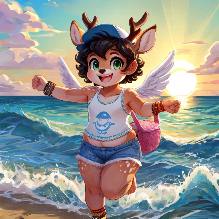 Cute, deer boy, small deer antlers, innocent, chubby, fat, big thighs, androgynous, femboy, short curly hair, black hair, fawn spots, freakles, ((cute)), smiling, wearing cottage core outfit, pastel color scheme, young, cartoony, adorable, deer tail, moss green eyes, angel wings, dynamic pose, excited pose, energetic pose, happy pose, summer, summer weather, summer clothes, sun, wearing a lightweight white tank top with high-waisted denim shorts with a distressed finish or rolled-up hems and flip-flops along with a baseball cap and beaded bracelets and anklets and large, woven beach bag with oversized sunglasses with a fun, colorful frame, beach, beach ball, playing, sun, sand, sea, waves,