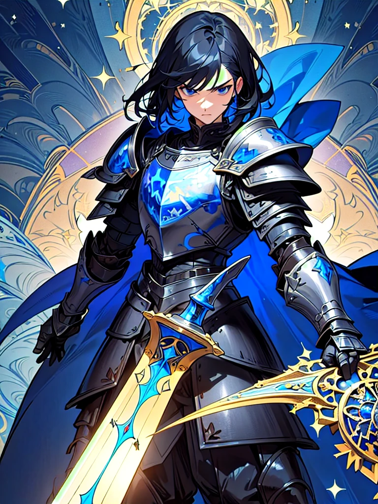 (masterpiece, top quality, best quality, official art, beautiful and aesthetic:1.2), (1guy), knight, black hair, blue eyes, (black armor:1.3), indigo cape with stars, serious look, holding a black greatsword, stars in background, extreme detailed,(fractal art:1.3),colorful,highest detailed