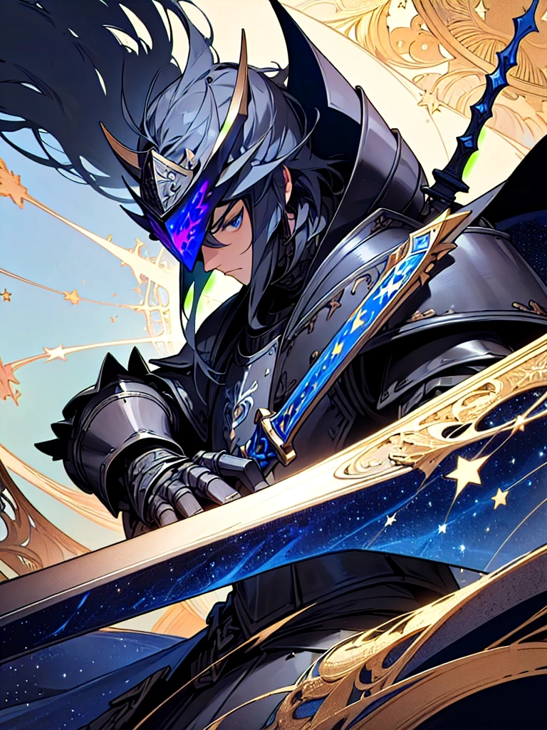 (masterpiece, top quality, best quality, official art, beautiful and aesthetic:1.2), (1guy), knight, black hair, blue eyes, (black armor:1.3), indigo cape with stars, serious look, holding a black greatsword, stars in background, extreme detailed,(fractal art:1.3),colorful,highest detailed