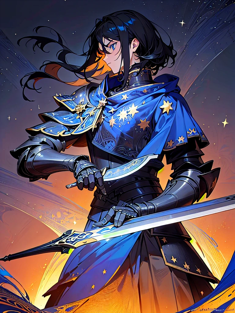 (masterpiece, top quality, best quality, official art, beautiful and aesthetic:1.2), (1guy), knight, black hair, blue eyes, (black armor:1.3), indigo cape with stars, serious look, holding a black greatsword, stars in background, extreme detailed,(fractal art:1.3),colorful,highest detailed