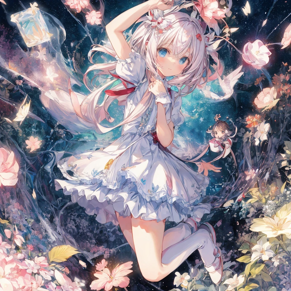 beautiful illustration、top-quality、cute petit girl、(transform sequence)、magical 、Chibi、white magical girl、Fractal art、Trompes Rompe-l'oeil、optical illusion、trompe l'oeil、Appears to jump off the screen