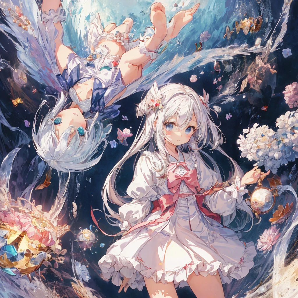 beautiful illustration、top-quality、cute petit girl、(transform sequence)、magical 、Chibi、white magical girl、Fractal art、Trompes Rompe-l'oeil、optical illusion、trompe l'oeil、Appears to jump off the screen