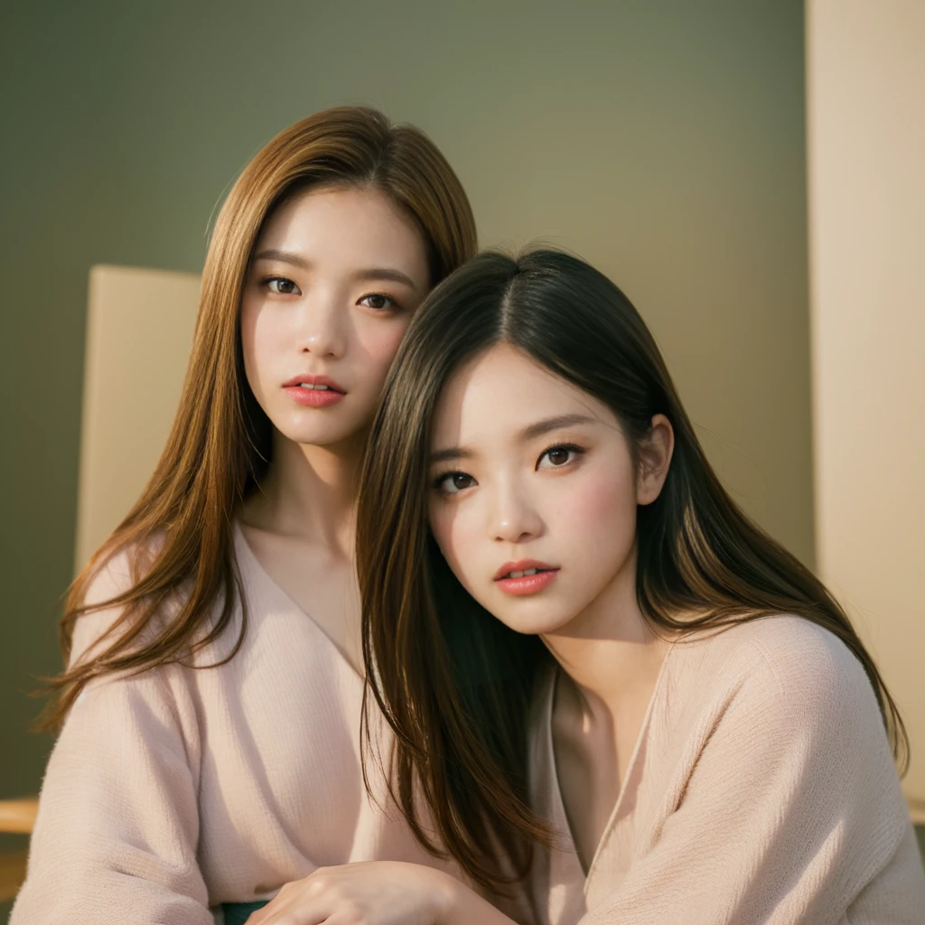 2 women,2 students, 28 years old,One has red hair and the other has black hair.,realistic,realistically