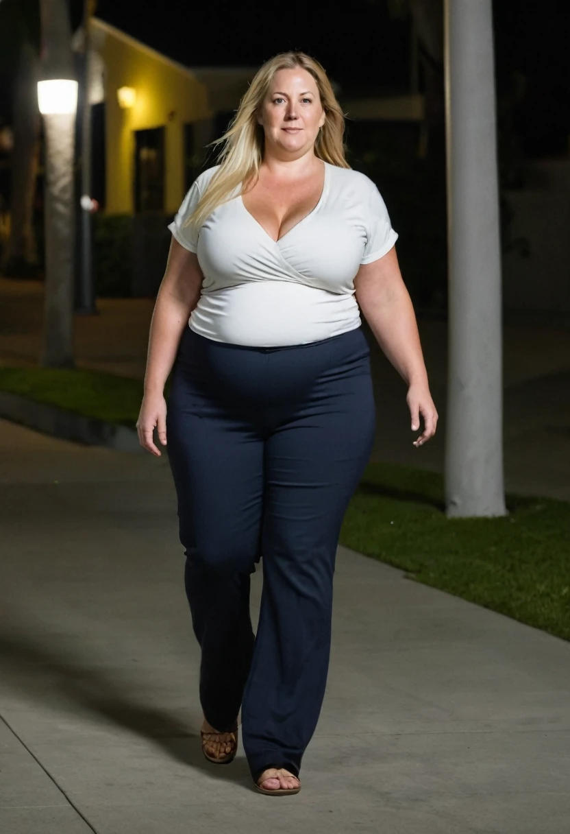 Fat woman, 40 years old white Caucasian woman, walking outside, night time, new Orleans, long straight blonde hair, serious, chubby, bbw, casual, cleavage, thick thighs, shirt and pants, big hips