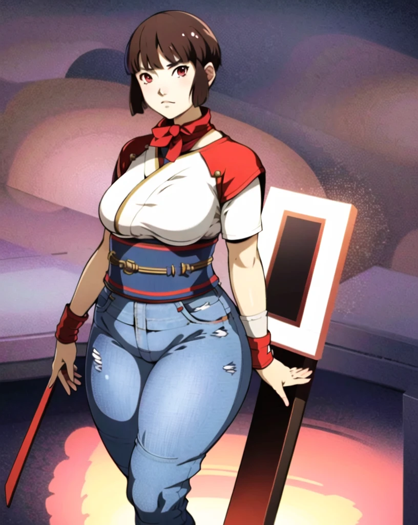 masterpiece, tight denim pants, chubby but small breasts, very thick legs++, Full body+, Solo, Realistic, Swollen face, Japanese face, Moderately fat body type+, 1 woman, wide shoulder, T-shirt,  Denim pants, thick thighs, Thick waist++, low rise black denim pants, Small breasts and fat and short leg, Muchimuchi body

sfw,  (masterpiece), (best quality:1.0), (ultra highres:1.0), detailed eyes, 1girl, solo, Isabeau posing
brownish red eyes, smtdoistyle, simple background, 
