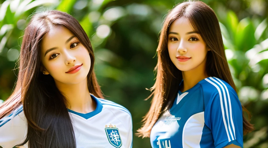 A gorgeous young girl with long hair, wearing a tight and short Brazilian football shirt with the number 10. She has a perfect body, seductive posture and attractive eyes. The scene is outdoors with lush and vibrant greenery in the background, highlighting her beauty and charm. The lighting was perfect, emphasizing her features and giving her a model-like look. Realistic images, high details, vivid colors