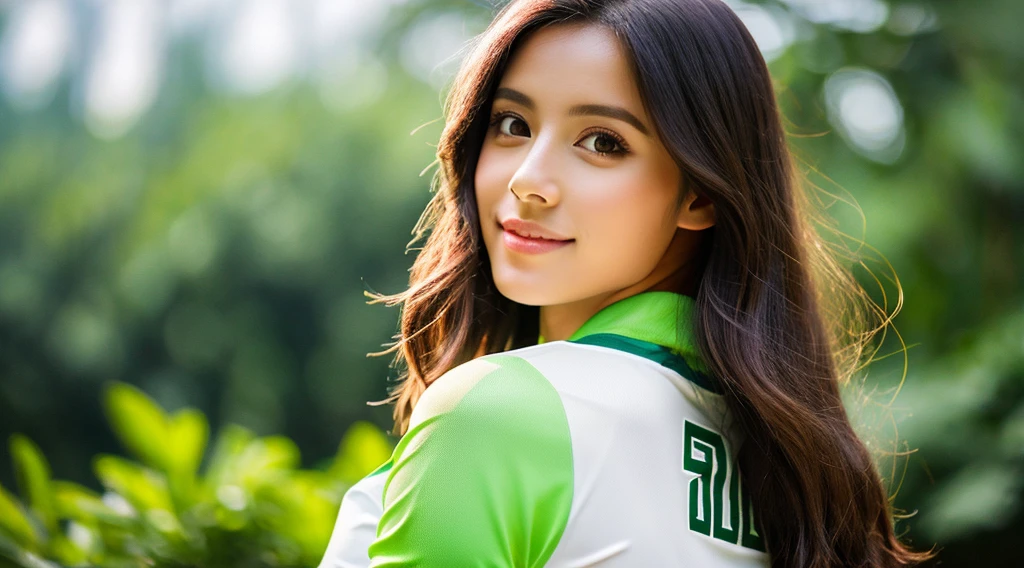 A gorgeous young girl with long hair, wearing a tight and short Brazilian football shirt with the number 10. She has a perfect body, seductive posture and attractive eyes. The scene is outdoors with lush and vibrant greenery in the background, highlighting her beauty and charm. The lighting was perfect, emphasizing her features and giving her a model-like look. Realistic images, high details, vivid colors