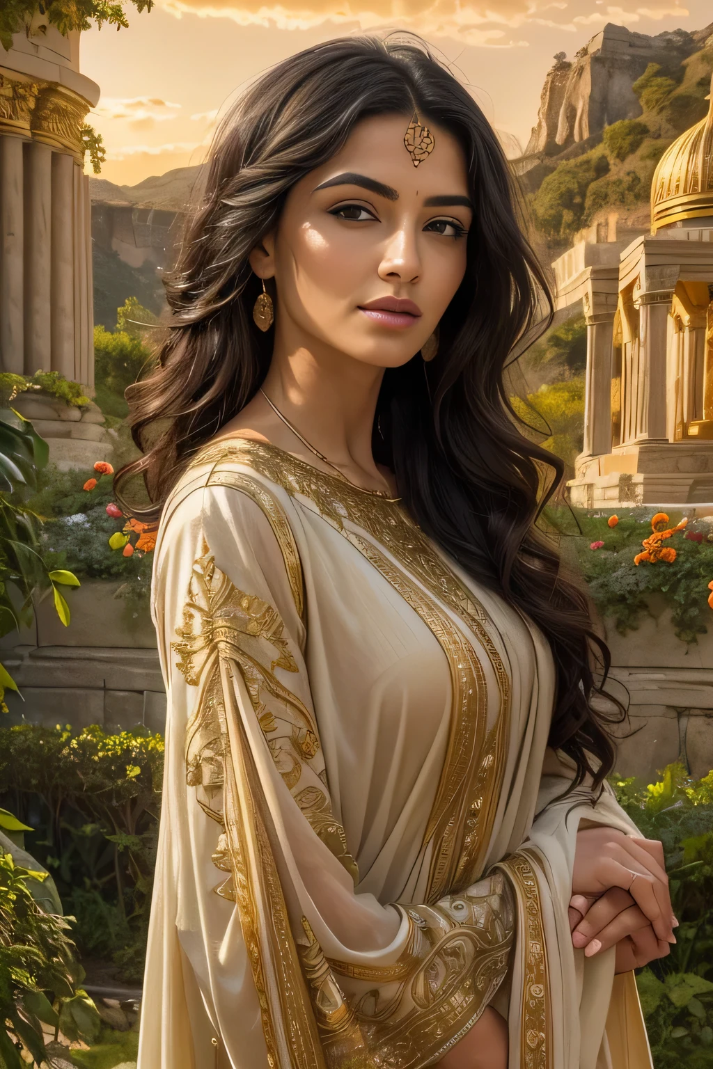 work of art, imagine a vibrant illustration of Amitis of Babylon ( Don&#39;t know Boniadi, She is wearing a very simple light white casual dress, Long, wavy dark brown hair, lightbrown eyes, cabeça nua), a bela filha do rei medo ciaxares e esposa do grande rei Bucodonosor II, around 580 to.c.. She is 18, slender slim body, Beautiful and highly detailed Indo-Iranian face, thin face, highly detailed brown eyes, Amytis is depicted walking in the legendary Hanging Gardens of Babylon, one of the Seven Wonders of the Ancient World, at sunrise. she is dressed in simple white, flowing robes adorned with intricate patterns. Her regal posture and serene expression reflect her royal status and grace.. The scene captures the exuberant, terraced gardens filled with a variety of exotic plants, flowers, and trees, cascading multi-level structure. Complex architectural elements, such as stone columns and water features, like waterfalls and streams, are illuminated by the golden tones of the rising sun.. The sky is clean, with vibrant dawn colors – pink, Oranges, and gold - enhancing the majestic and serene atmosphere. The backdrop includes glimpses of the city&#39;s majestic walls and other iconic Babylonian structures., bathed in the soft, warm early morning light. The entire scene reflects the grandeur and splendor of the Neo-Babylonian Empire, with Queen Amytis overlooking the stunning beauty of the Hanging Gardens, 16K, ultra high resolution.photorrealistic, ultra HD, cru, dslr, wide angle, Morning lighting