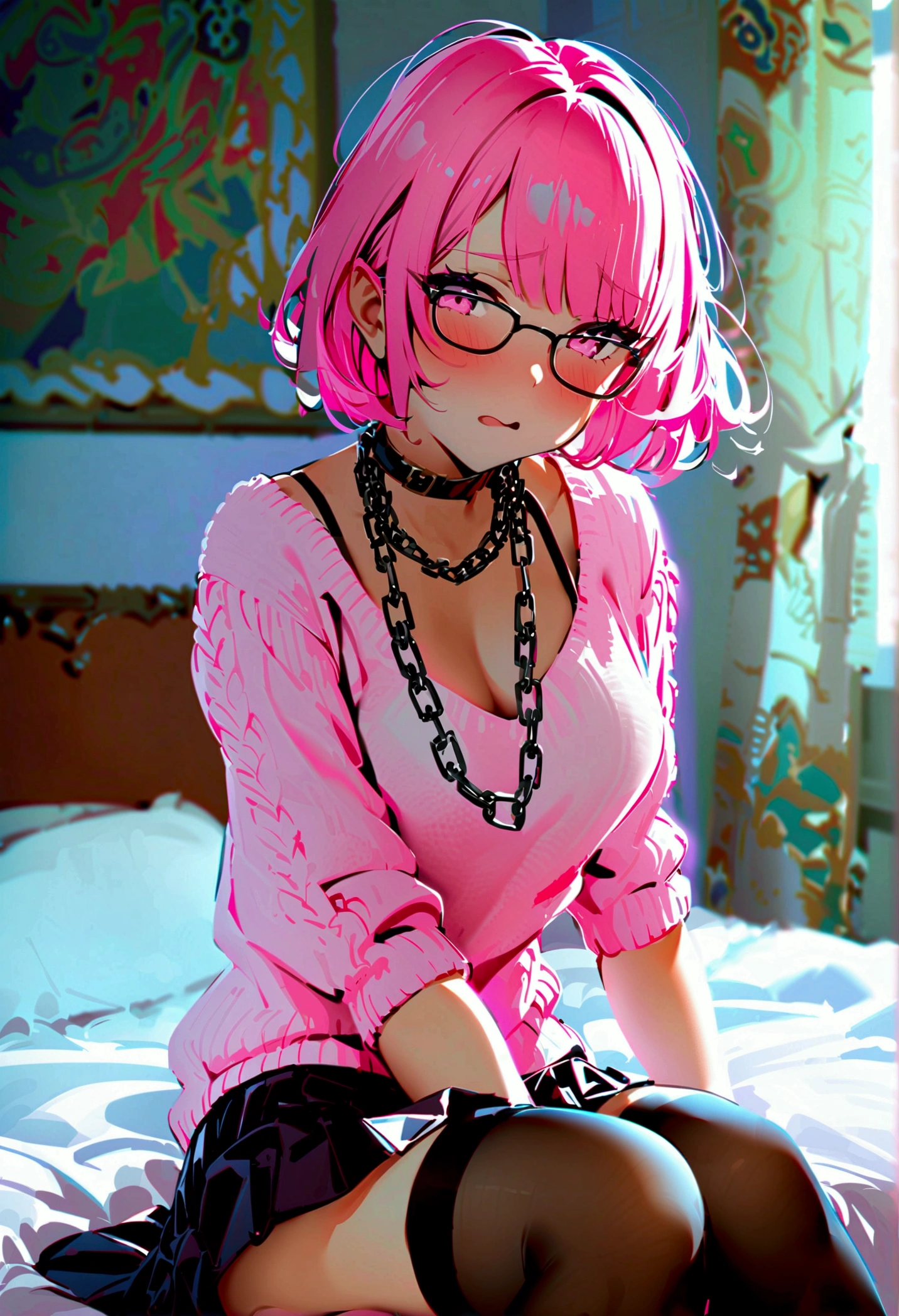 pink hair black glasses pink eyes extremely blushing a big pink sweater a short black skirt at the waist some chains black stockings that she is a reserved girl her bed that she is on her knees touching her butt that I have a dildo stuck in her vagina