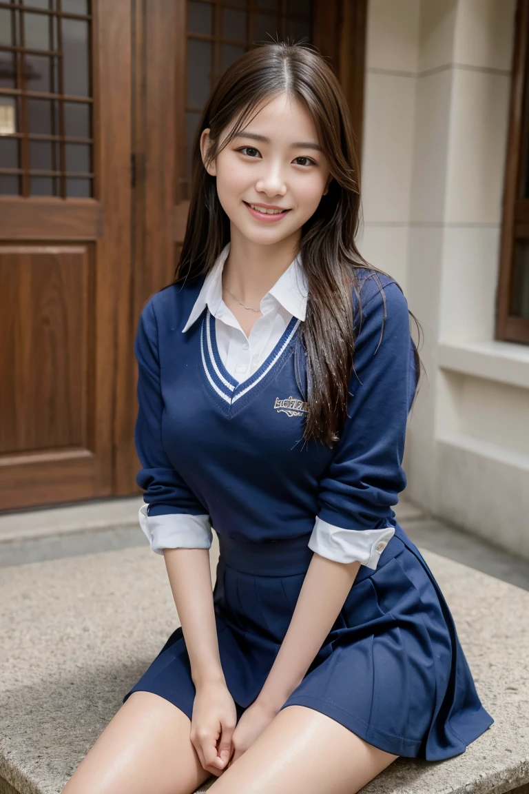 (8K), (Best Quality: 1.2), (Realistic), (Photorealistic: 1.37), Ultra High Definition, 1 Girl, Cute, Smile, Closed Mouth, Beautiful Details, Beautiful Nose, Full Body, Wet Hair, Colossal Dalsefo, Pork, School Uniform, Thighs