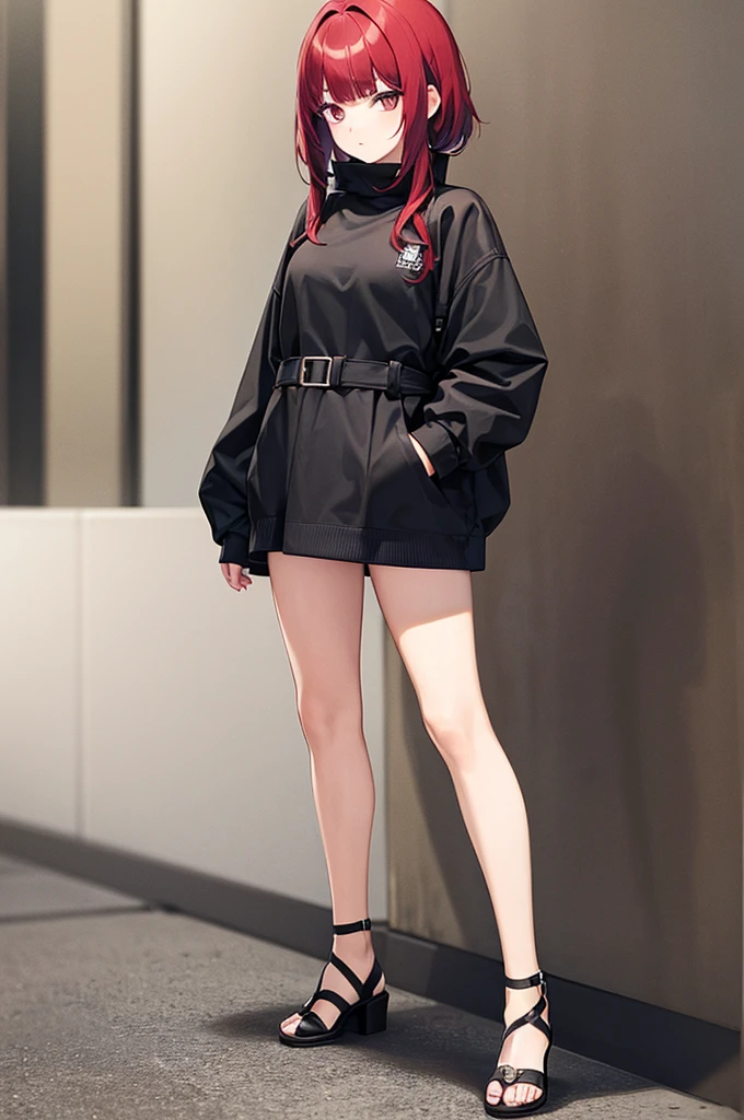 best quality, 1girl, cool, two tone colors black on the outside of the hair red hair inside, standing, fullbody, toe, blunt bangs, shaggy cut