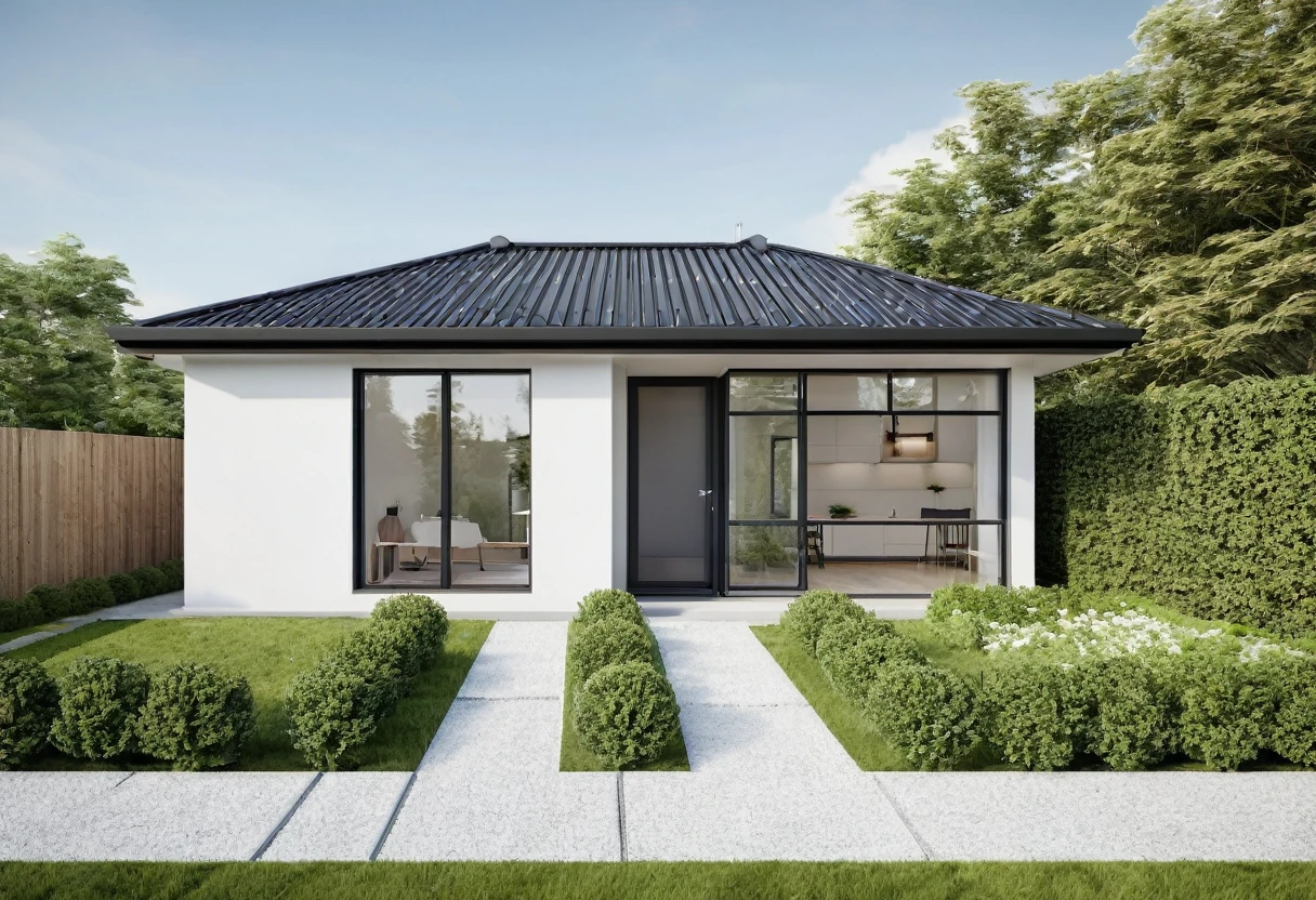 A highly detailed, high-resolution render of a modern garden house with a width of 7 meters. The house features a sloped roof with a white facade and black-framed windows, similar to the provided image. The front yard includes a well-maintained lawn with some greenery and a small porch area with outdoor furniture. Add a stylish fence surrounding the property and an elegant gate at the entrance. Ensure the overall scene captures the serenity and simplicity of the garden house, with emphasis on the clean architectural lines and the harmonious integration with the surrounding garden. The image should be sharp, with a clear depth of field (DOF) to emphasize the details of the house's exterior and the garden elements.
