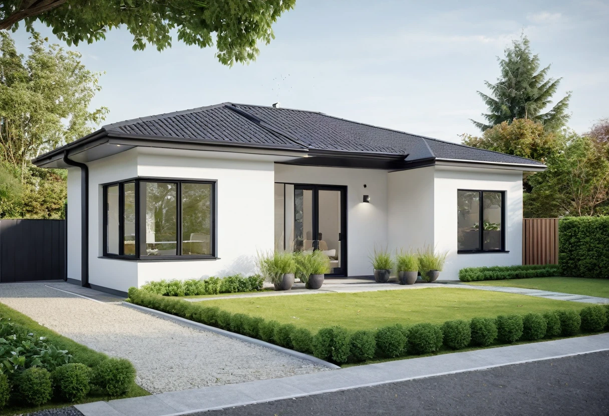 A highly detailed, high-resolution render of a modern garden house with a width of 7 meters. The house features a sloped roof with a white facade and black-framed windows, similar to the provided image. The front yard includes a well-maintained lawn with some greenery and a small porch area with outdoor furniture. Add a stylish fence surrounding the property and an elegant gate at the entrance. Ensure the overall scene captures the serenity and simplicity of the garden house, with emphasis on the clean architectural lines and the harmonious integration with the surrounding garden. The image should be sharp, with a clear depth of field (DOF) to emphasize the details of the house's exterior and the garden elements.
