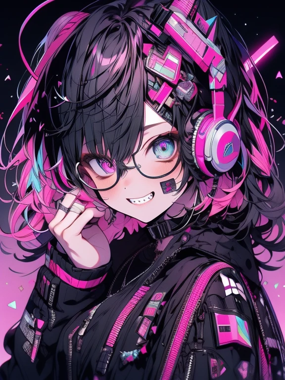 Highest quality,Highest Resolution,１People Women,sexy,Vibrant colors,Very beautiful eyes,Big Breasts,whole body,Glasses,Black Hair,Neon color,Grin